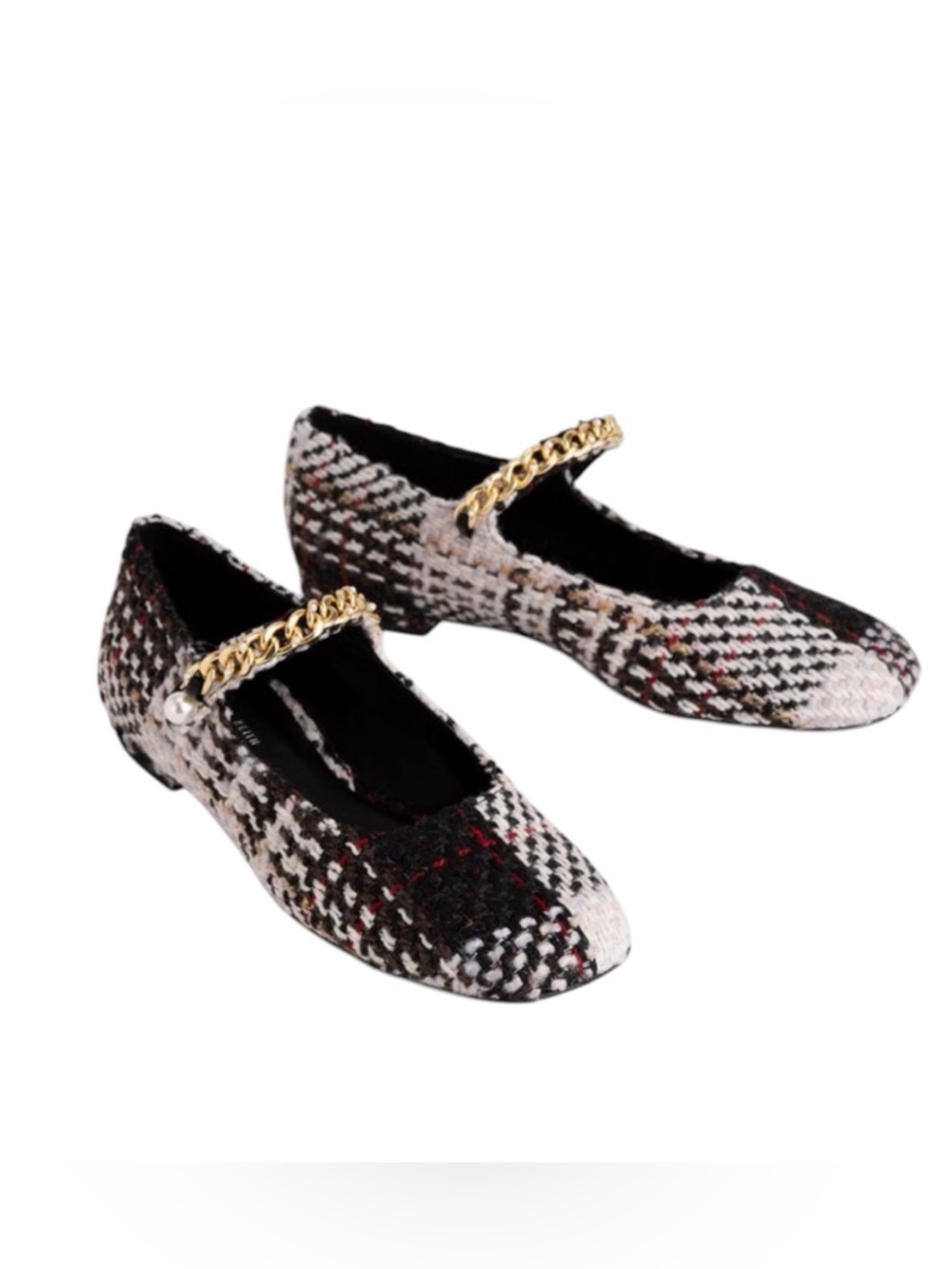 Charles & Keith Black & White Tweed Mary Jane Flats with Gold & Pearl Chain  7.5